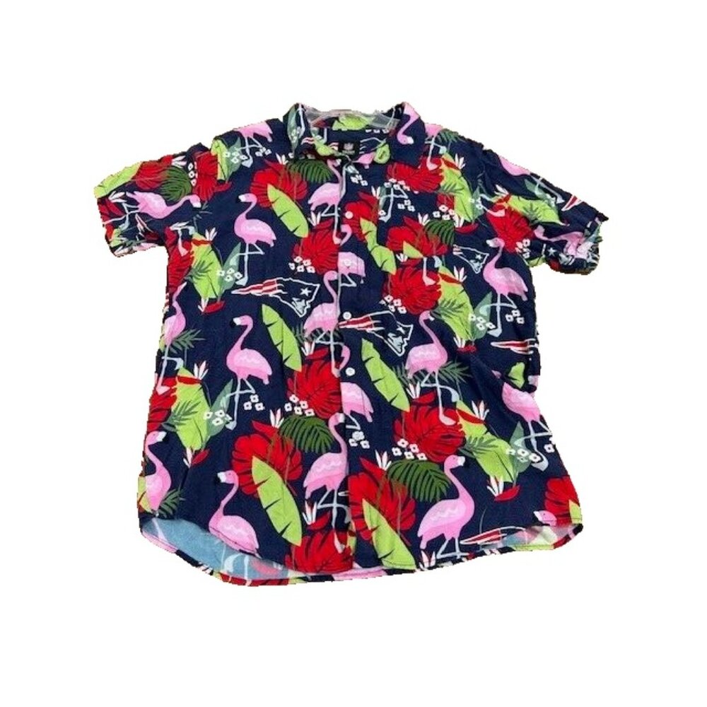NFL Team Patriots Hawaiian Shirt Flamingos Pats Logo Navy Print tropical Large